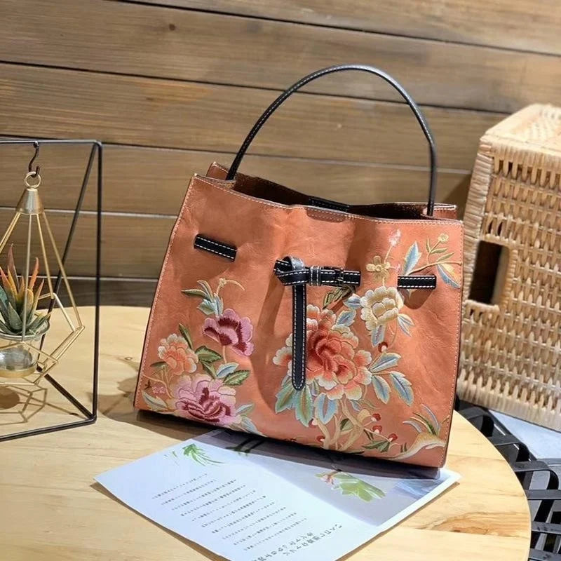 MOTAORA Vintage Chinese Embroidery Leather Shoulder Bag Women Large Capacity Crossbody Bucket Bag Ladies Fashion Handbag NEW