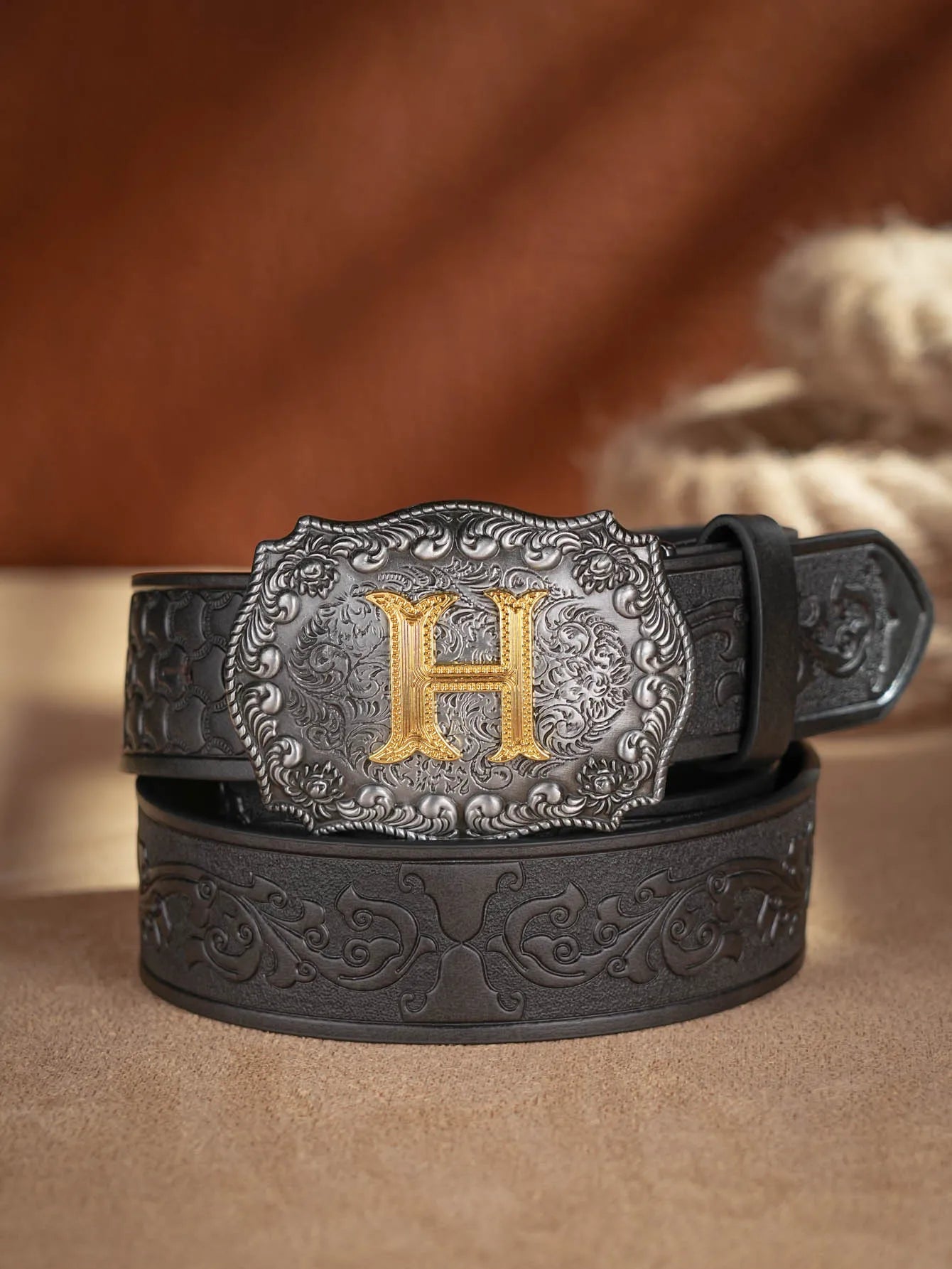Western Cowboy PU Leather Belt - Men Waist Strap Bull Decoration Floral Engraved for Jeans