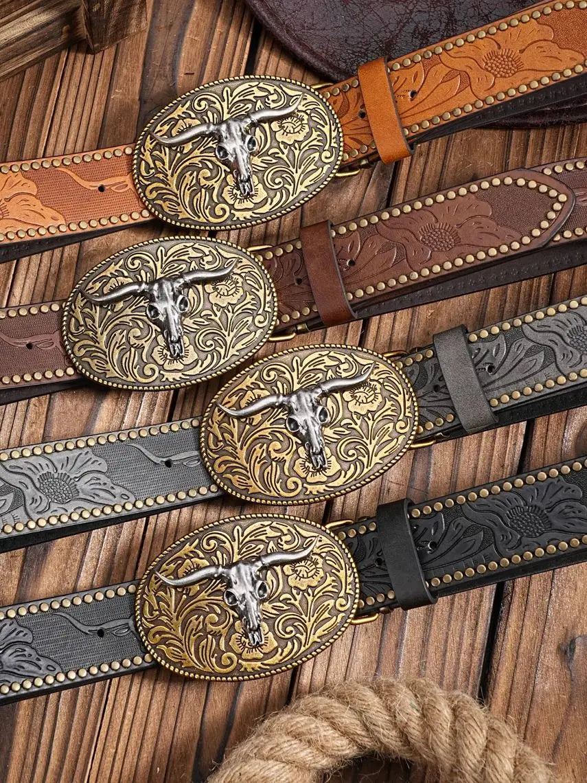 Western Cowboy PU Leather Belt - Men Waist Strap Bull Decoration Floral Engraved for Jeans