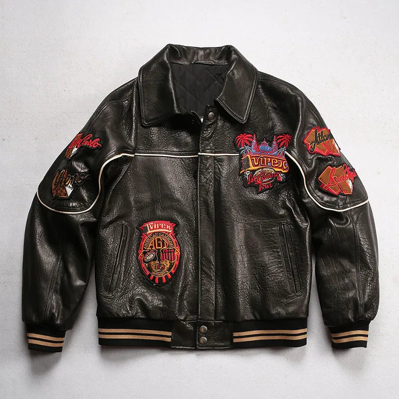 Men leather jacket sheepskin retro leisure Europe the United States large size flight suit loose version casino poker warm