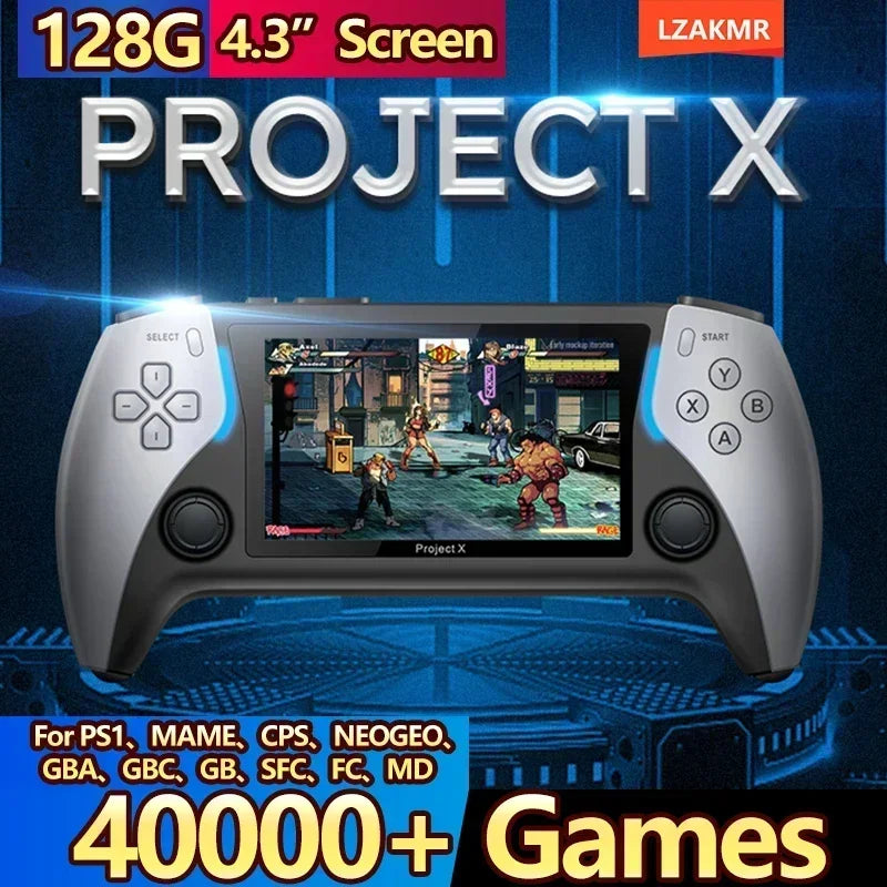 جهاز ألعاب فيديو محمول جديد Project X، سعة تخزين 128 جيجابايت، يدعم أكثر من 40000 لعبة، شاشة IPS مقاس 4.3 بوصة، يدعم PS1، ألعاب كلاسيكية، مكبر صوت مزدوج، ستيريو