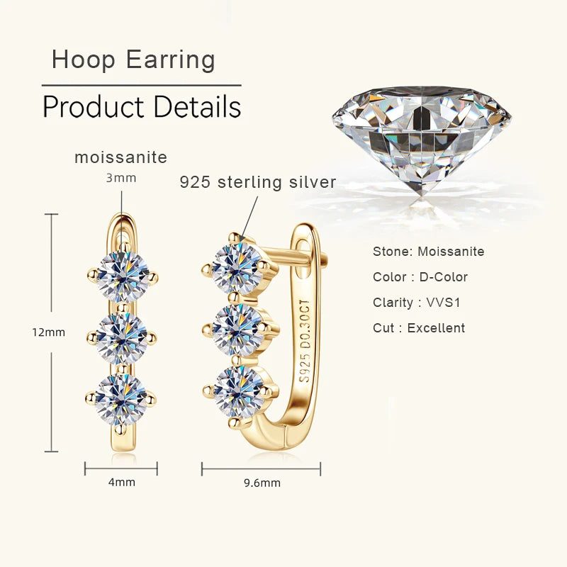 Lnngy Korean INS 3mm Three Stone Moissanite Earrings For Women 925 Sterling Silver U-Shaped Earrings Hoop Pendientes Jewelry