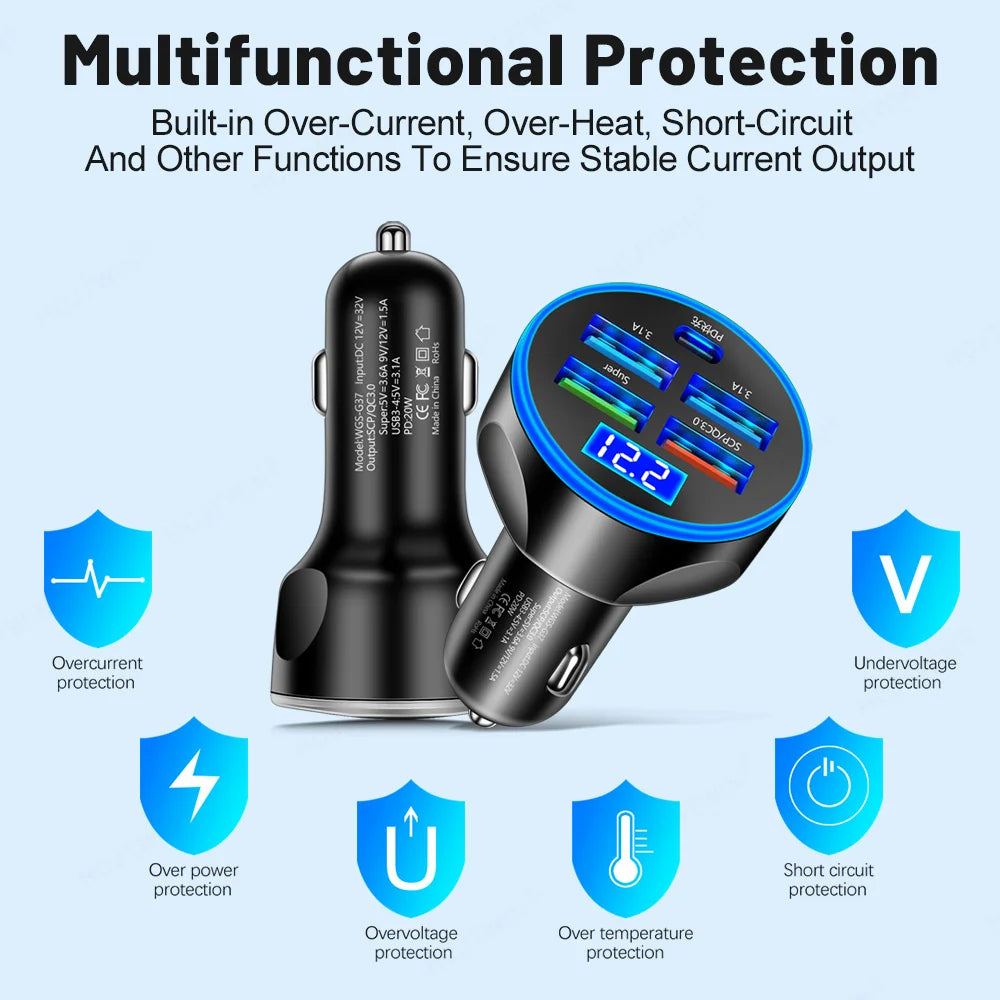 شاحن سيارة 4 منافذ USB PD 250 وات من النوع C، محول شحن سريع للهواتف المحمولة لأجهزة iPhone وSamsung وHuawei وXiaomi وQC 3.0