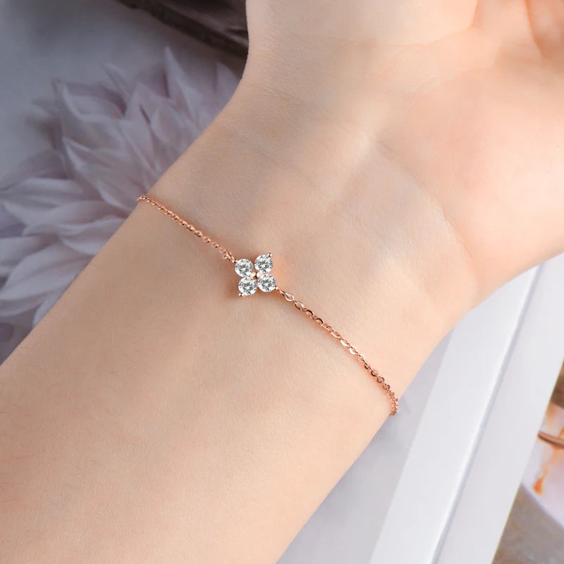 Lnngy Moissanite Four Leaf Flower Chain Bracelet for Women 925 Sterling Silver Niche Simple Desgin Bracelets Jewelry Accessories