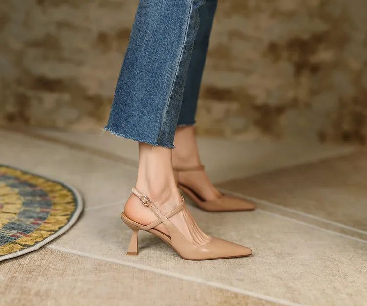 Summer Women Shoes Pointed Toe Thin Heel Women Sandals Genuine Leather Shoes for Women Slingback Elegant High Heels Party Shoes