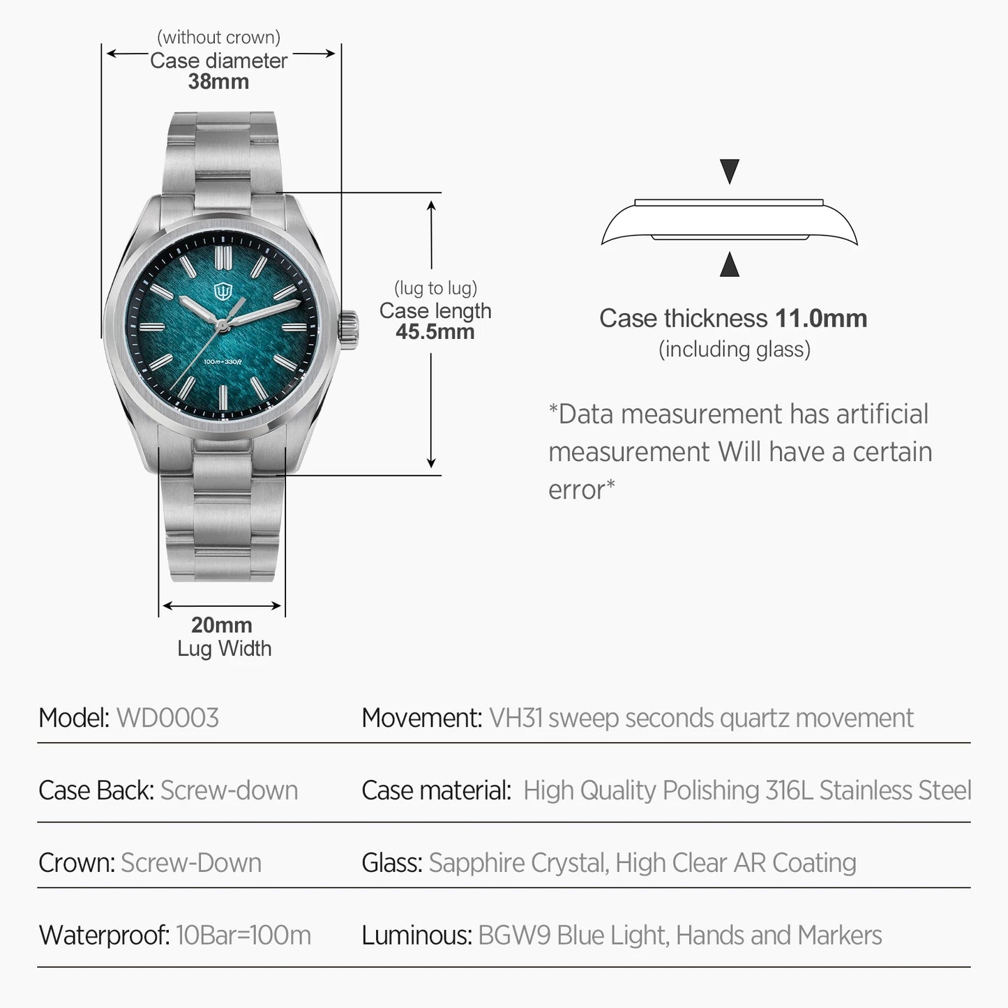 Watchdives WD0003B Original Design Aventurine Dial Men Watch VH31 Sweep Seconds Quartz Movement 36mm Watches Luminous Waterproof