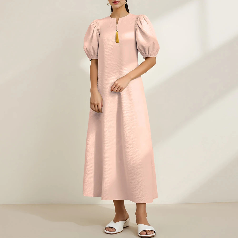 Rafiah Women's Summer 2025 Arabian Dresses Solid Color Textured Split Neck Bubble Sleeve Ruffle Hem Tassel Trim Dresses