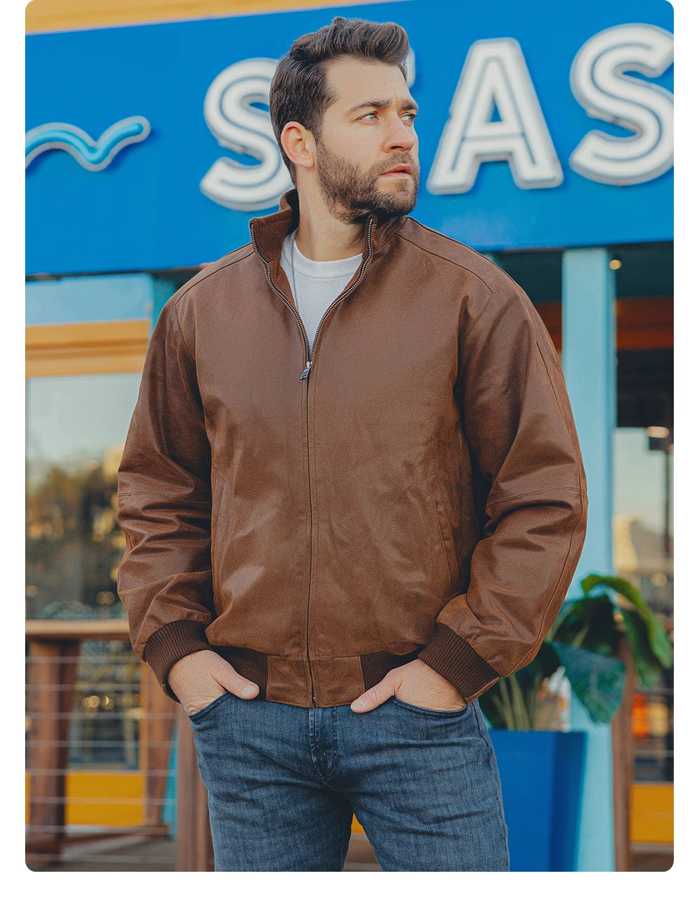 Men’s Pigskin Leather Bomber Jacket – Casual Stand Collar Leather Coat