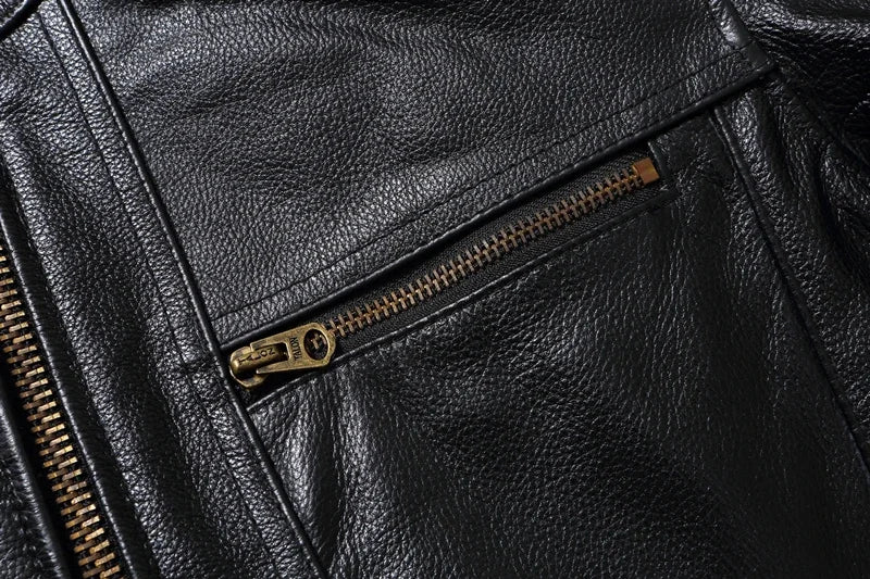Men's Natural Leather Jacket First Layer Calfskin Stand Collar Motorcycle Jacket Retro Brown Cowhide Jacket Men‘s Biker Clothes
