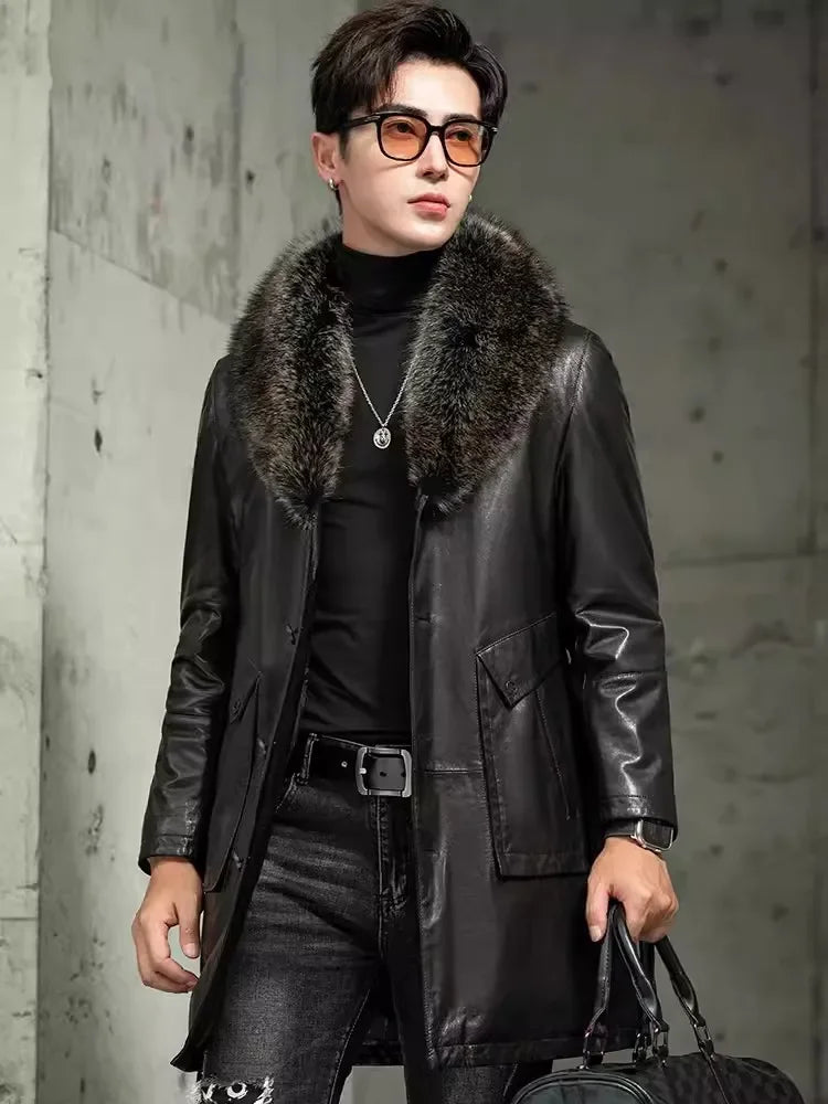 Men Luxury Business Winter Work Mid Long Thick Warm Down Coat Fur Collar Single Breasted Sheepskin Genuine Leather Jacket Trench