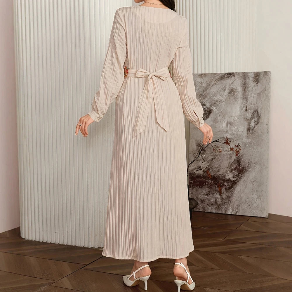 Rafiah Women's Dresses Autumn Winter Elegant 2025 Floral Folds Long Sleeve Round Neck A-Line Midi Vacation Long Dress