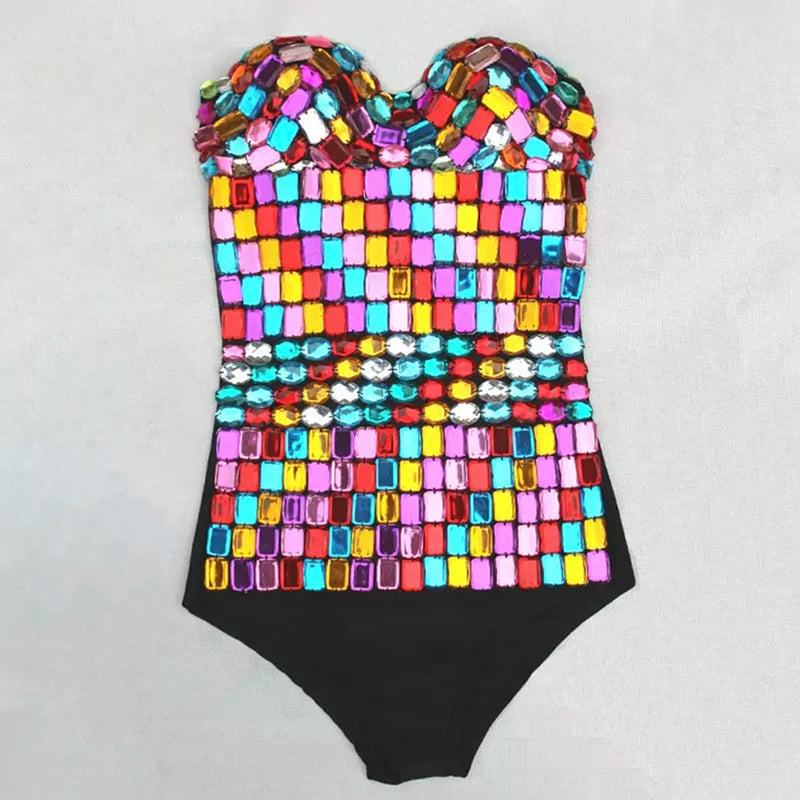Shiny Acrylic Geometric Sequin Tube Top Pullover Bodysuit Sexy Ladies Bar Club show