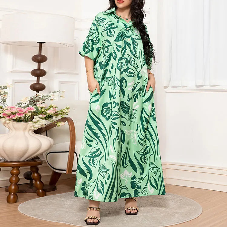 Rafiah Women's Dresses Summer Elegant 2025 Floral Opulent Short Sleeve Shirt Collar A-Line Midi Vacation Long Dresses