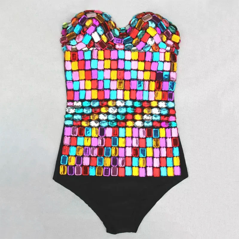 Shiny Acrylic Geometric Sequin Tube Top Pullover Bodysuit Sexy Ladies Bar Club show