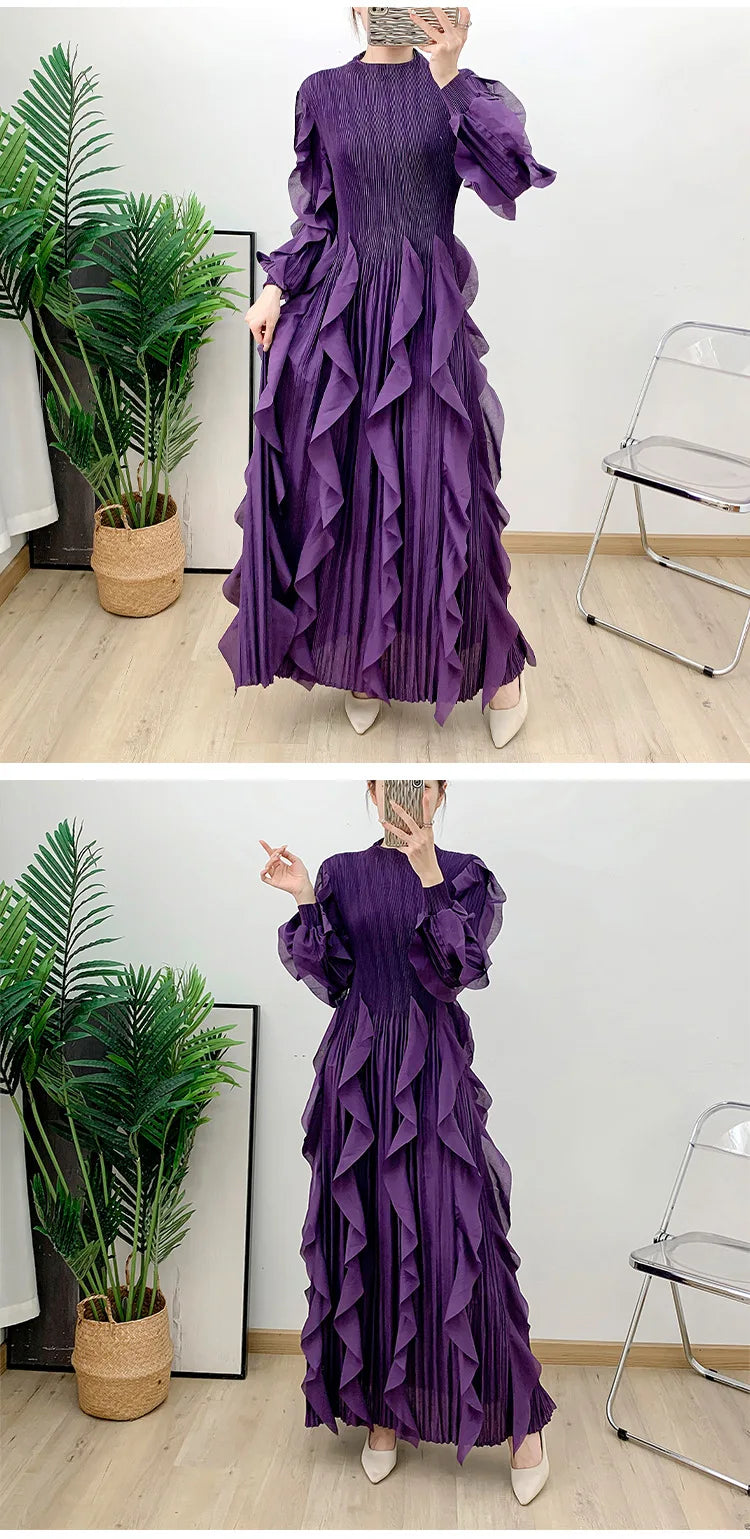 Fashion Ruffles Pleated Dress Women Round Neck Flare Sleeves Solid Maxi Belt Dresses Party 2025 Autumn New