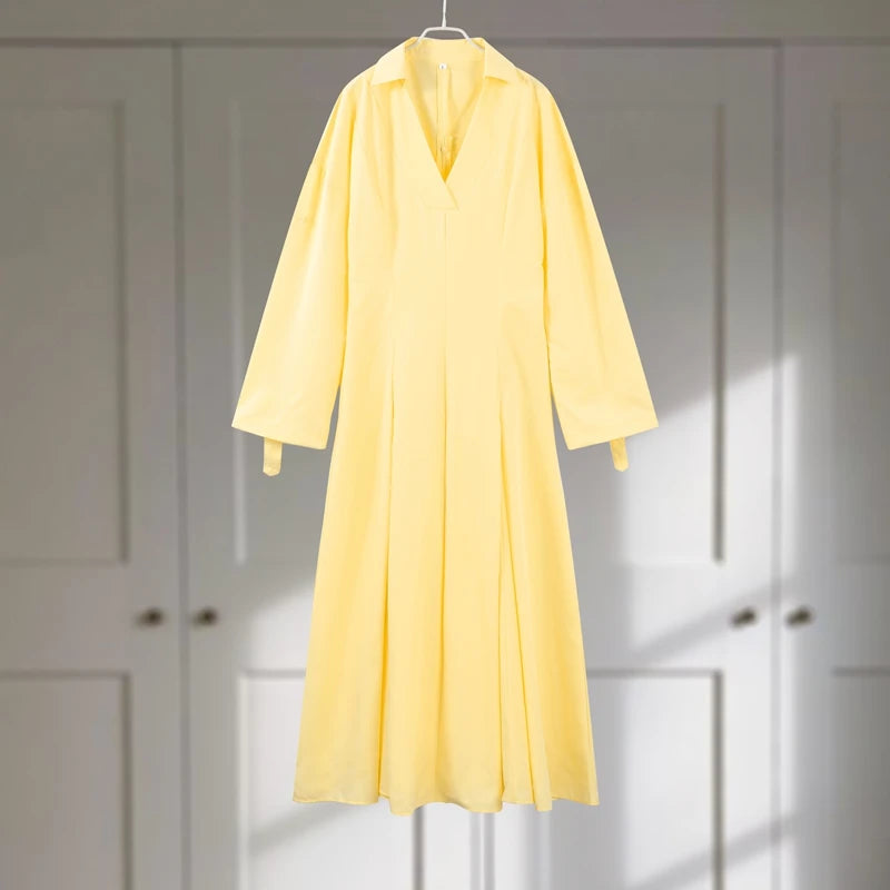 Elegant Lapel Waist-Cinched Pleated Shirt Dress – Women’s Half Sleeve Floor-Length Summer Style