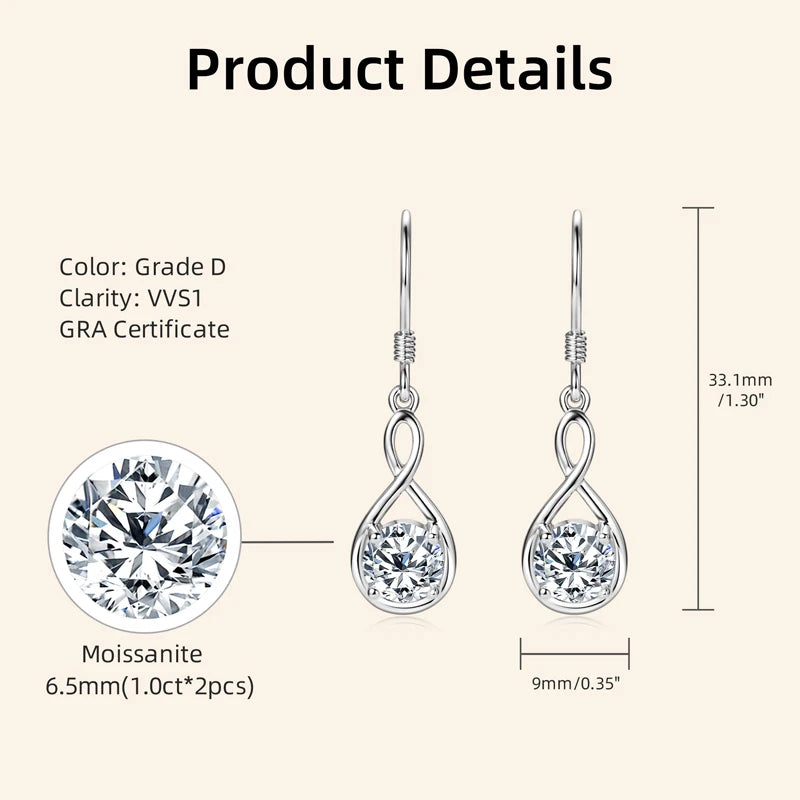 Lnngy 1.0ct Round Moissanite Dangle Hook Earring 925 Sterling Silver Ladies Light Luxury Earring for Women Fashion Jewelry Gift