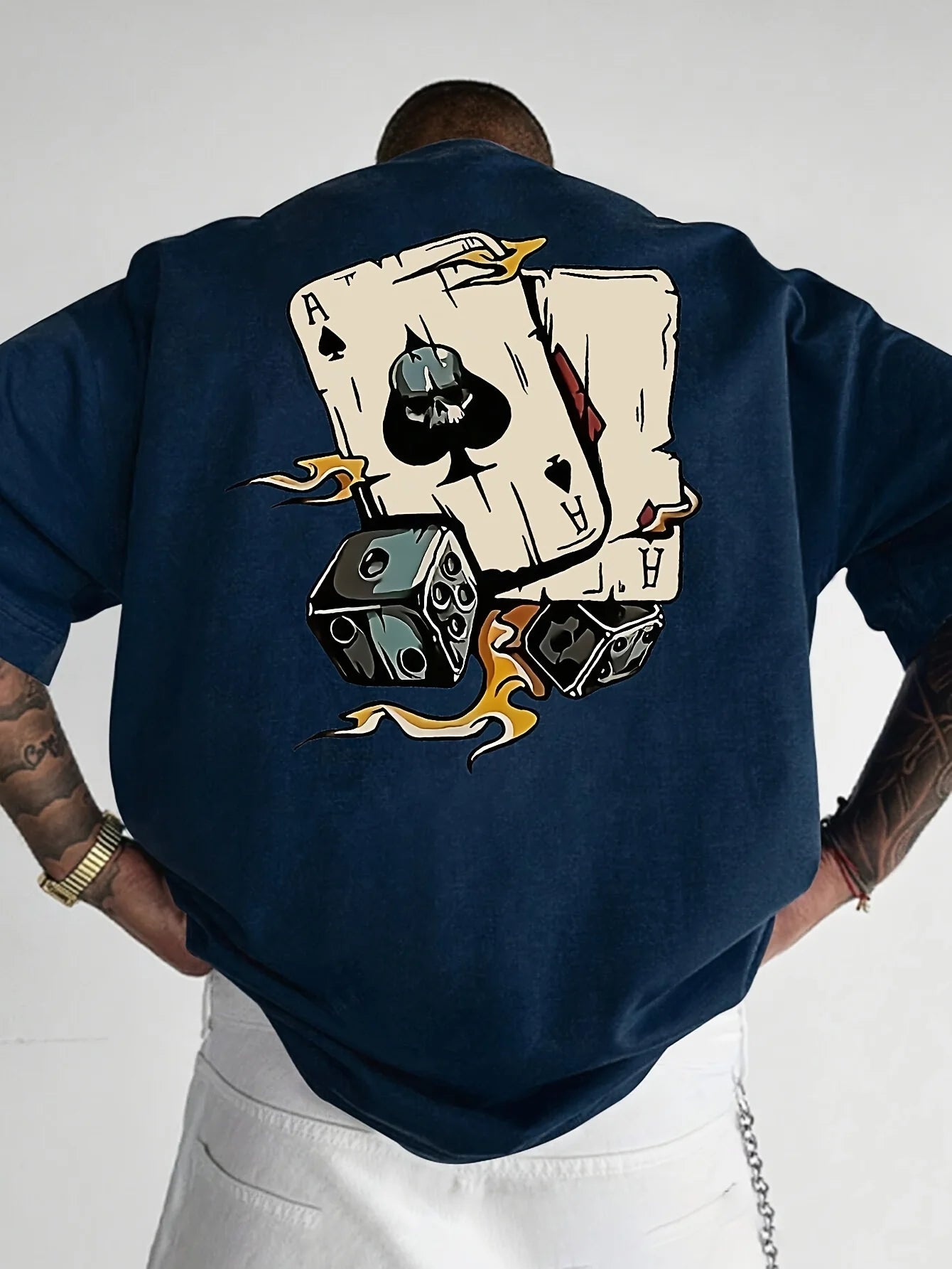 Men's summer 100% pure cotton fashionable casual loose spade a and dice printed round neck short sleeved T-shirt top