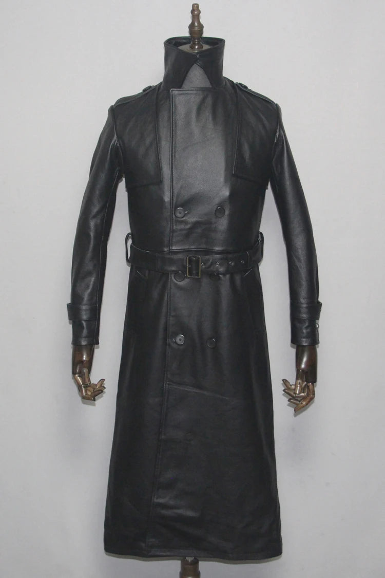 Men's Leather Trench Coat, Genuine Cowhide, Double Breasted, Extended Length Trench Long Coat Windproof Belt, Autumn Winter,6XL