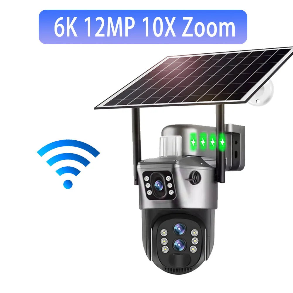 Solar Outdoor Surveillance Camera 4G Sim 6K 12MP Three Lens 10 Digital Zoom Wireless Cctv PTZ IP66 Security Solar Panel Cameras