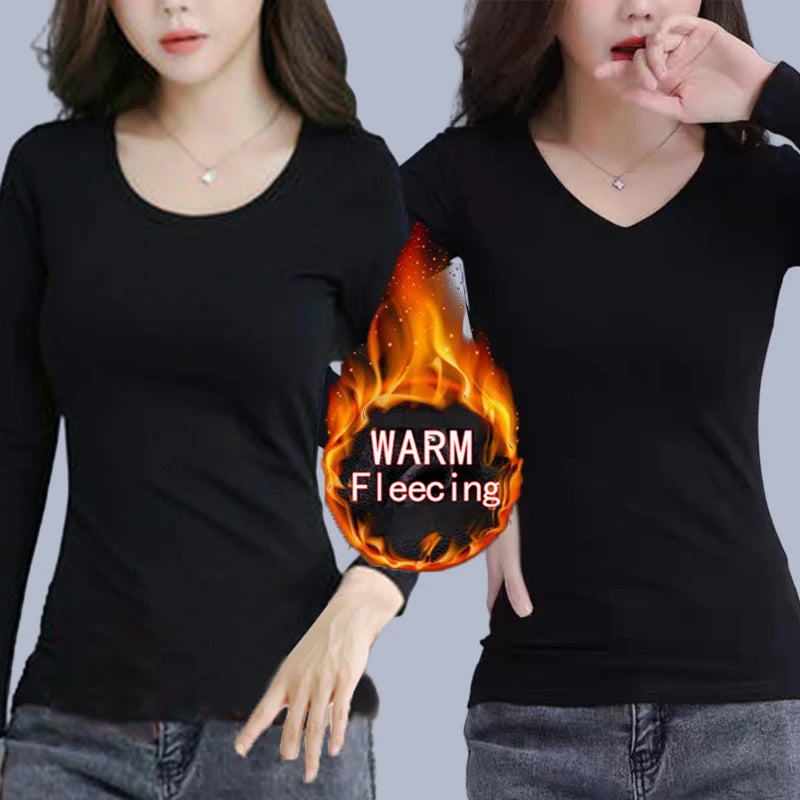 O Neck Long Sleeve Fleeceing Heating Fiber Thermal Basic T-Shirts Women Winter Bottoming Cropped Tops Casual Skinny All-match