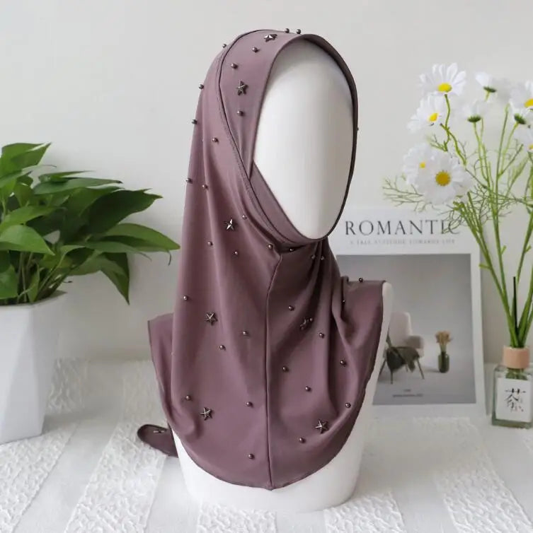 Muslim Women Mesh Beaded Hijab Instant Scarf Cap Islamic Headwraps One Piece Amira Malaysian Headwear Arab Shawls Scarves
