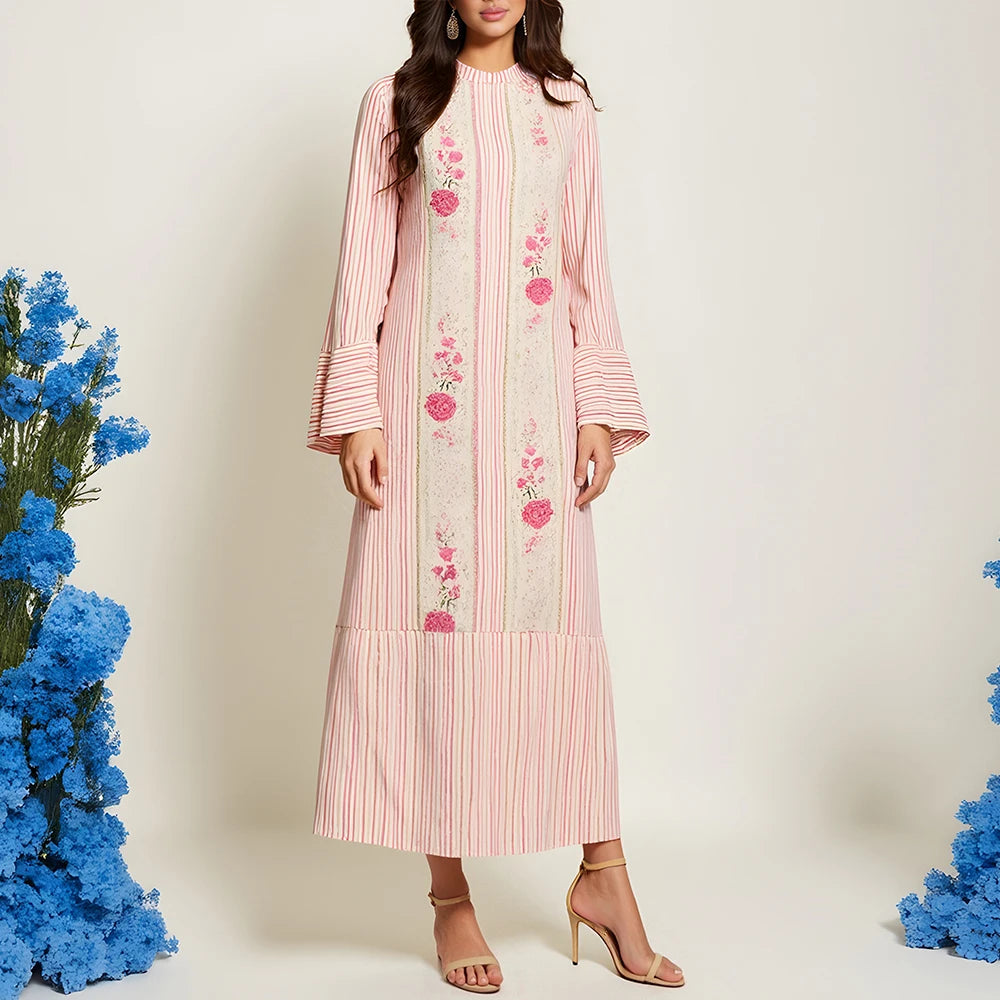 Rafiah Summer Long Arabian Dress 2025 Modest Fashion Stripes Floral Long Sleeve Crew Neck Midi Daily Shift Dresses