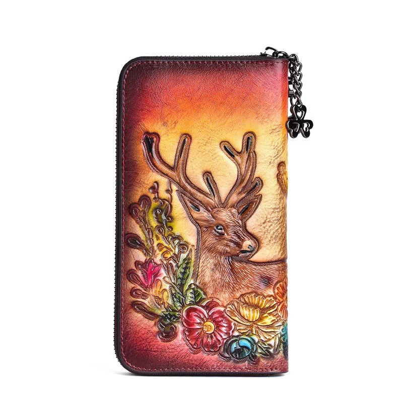 MOTAORA Vintage Women Long Wallets Deer Pattern Bag 2025 Genuine Leather Handmade Embossing Ladies Wallet Phone Bags Woman Purse