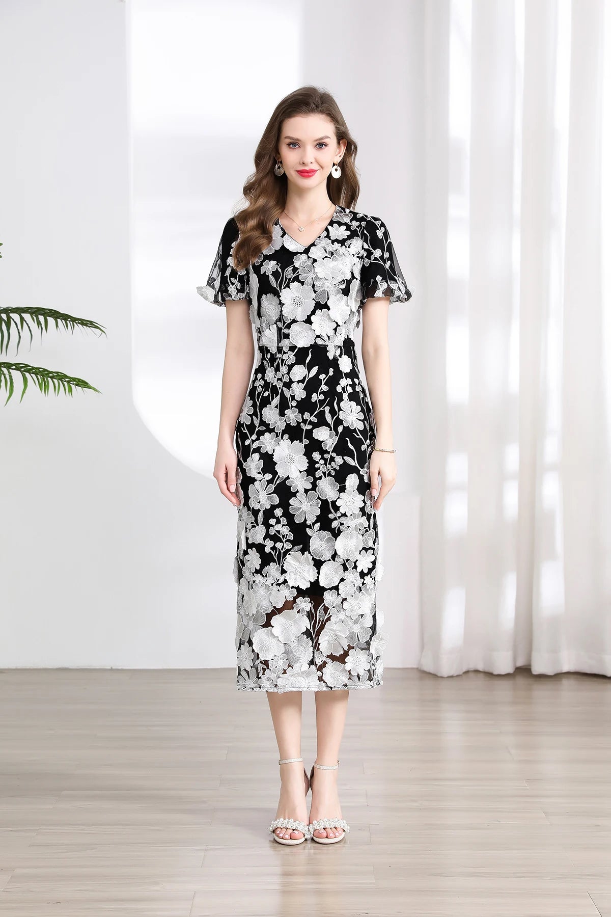 Summer High-end Embroidery Lace Prom Dress Women French Luxury 3D Flower Short Sleeve Long Dress Party Bodycon Holiday Vestido