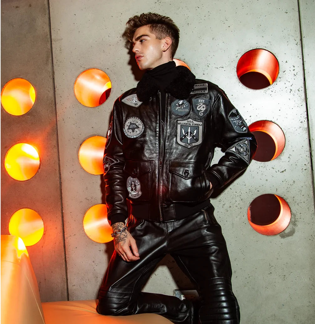 G1 flight suit jacket men Europe and the United States size embroidery French sheepskin leather coat sheep shearling collar top