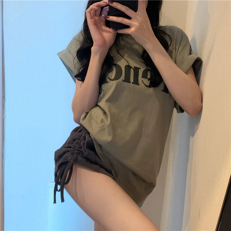 Loose ort Sve T-irt Women's Summer Thin Design Sense Hong Kong Sle Chic Retro Top Trendy round Ne Polyester ...