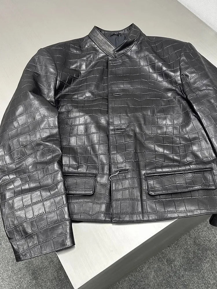 Male Genuine Leather Jackets New Chinese Zhong Shan Suit Slim Fit Handsome Casual Autumn Crocodile Print Natural Sheepskin Coat