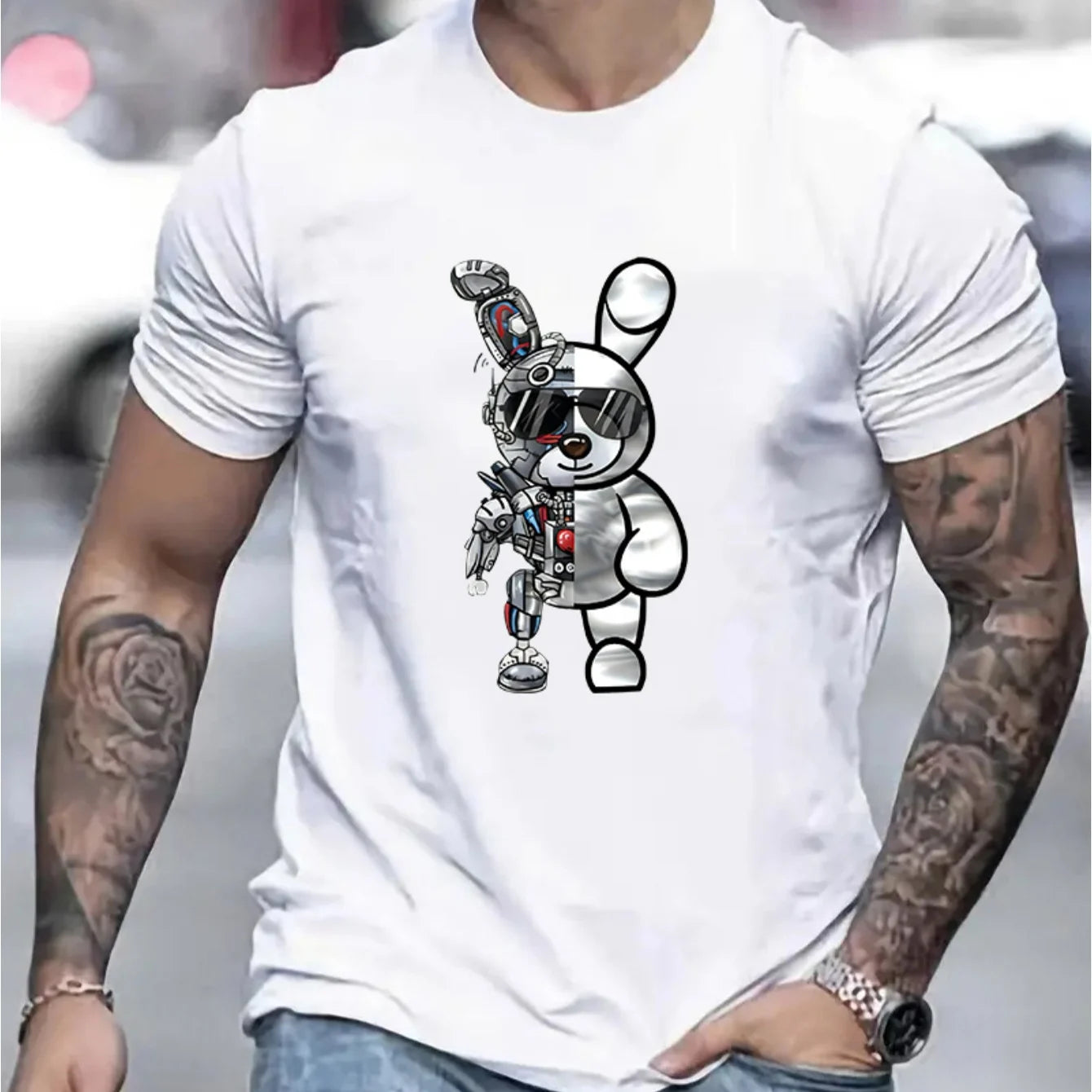 Men's summer 100 cotton fashionable casual loose cartoon mechanical Robot 🤖 Rabbit pattern printed round neck short sleeved T-shirt top