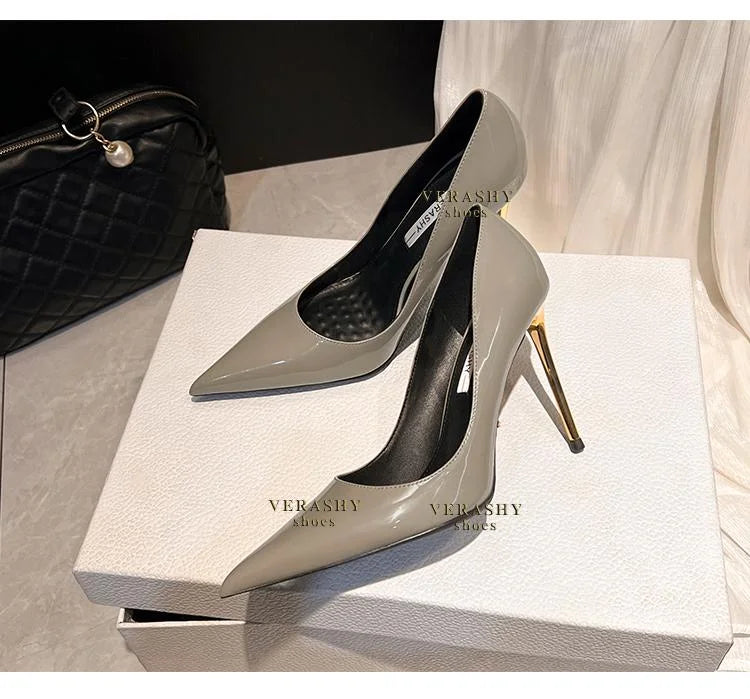 Green Shoes Quality Woman Pumps Patent Leather High Heels Sexy Party Shoes Metal Stilettos Luxury Wine red High-heeled Shoes