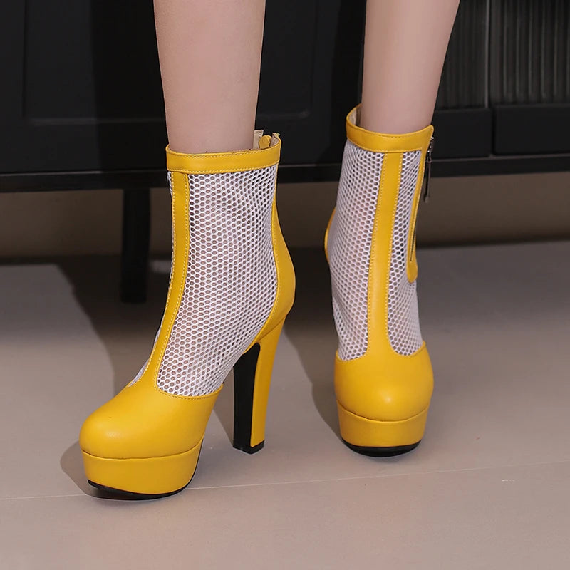 Women’s Summer Ankle Boots – Handmade Mesh + PU Leather – Closed Toe – Platform High Heel – Zip Up – Sizes 4.5–18