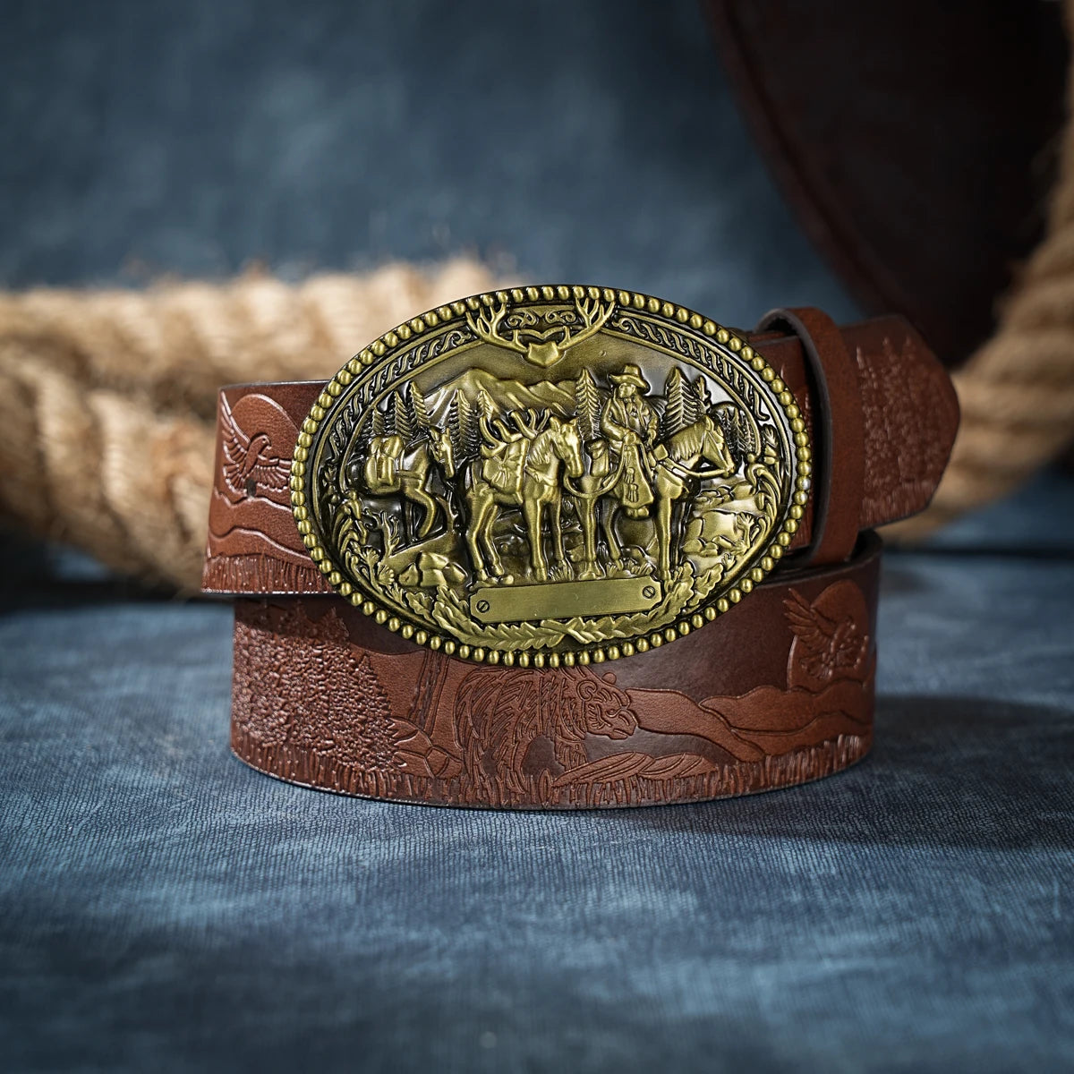 Men & Women-Western-Cowboy-PU Leather-Belts - Vintage Belt Floral Engraved Buckle Belt for Jeans