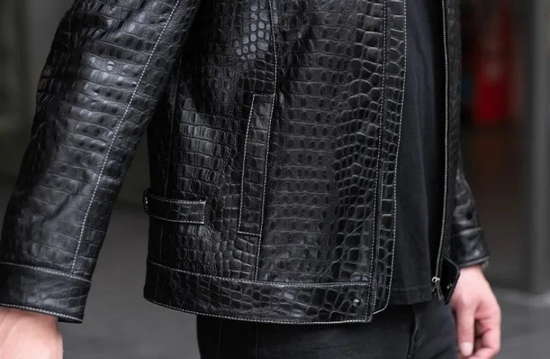 Males Luxury Natural Sheepskin Crocodile Pattern Jacket Stand Collar Slim Fit Straight Autumn Genuine Leather Motorcycle Jackets