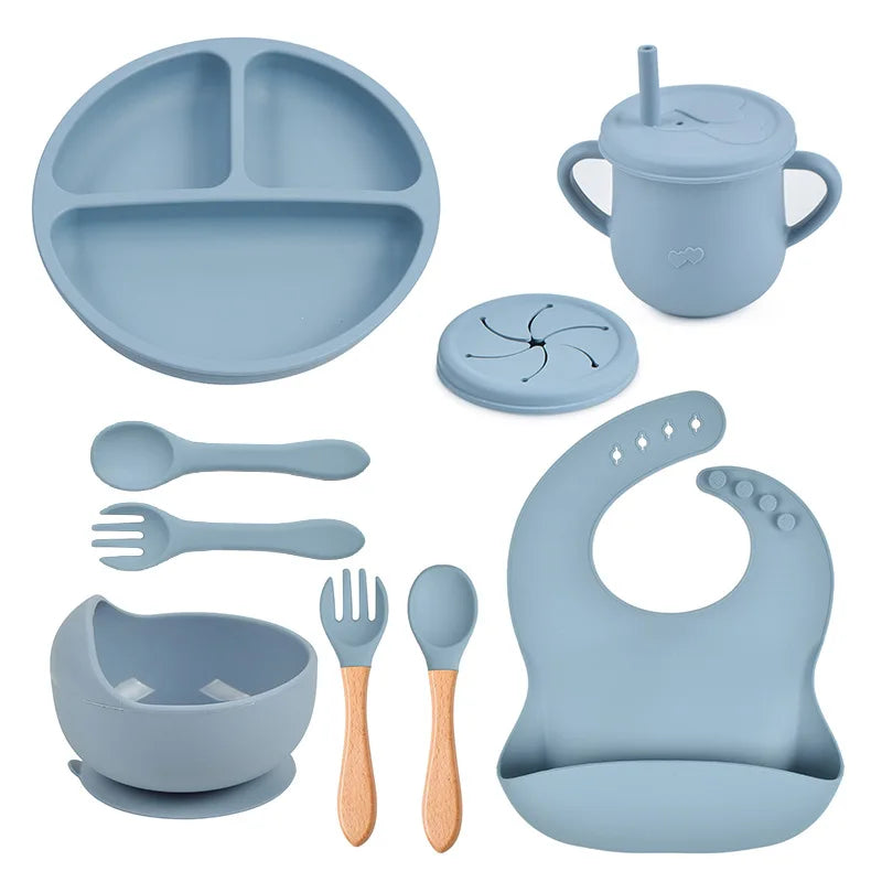 9pcs Baby Silicone Feeding Waterproof Set Children Suction Bowl Plate Spoon Fork Bibs Cup Kids Training Tablewear Bpa Free Gifts