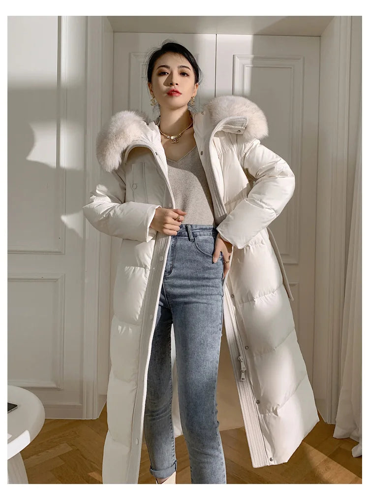 Women’s Luxury White Goose Down Coat – Hooded Long Jacket with Fox Fur Collar & Belt