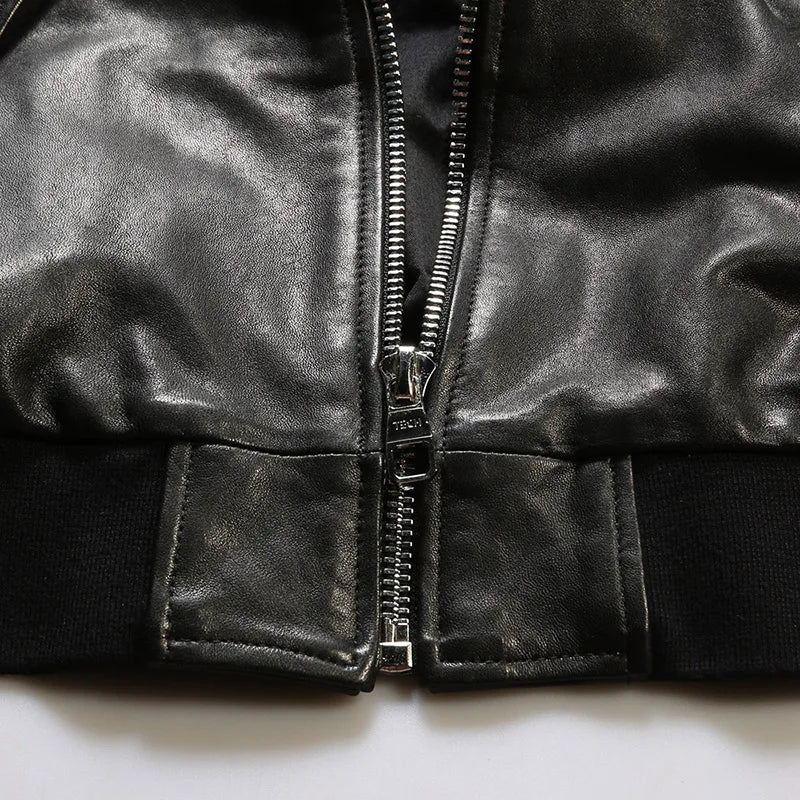 Embroidered eagle wings leather baseball jersey men stand-up collar full vegetable tanned sheepskin genuine leather jacket tops