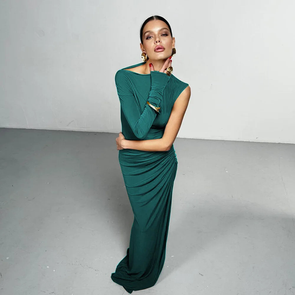 Articat Elegant Single Sleeve High Elasticity Tight Fold Dress Women New 2025 Winter Party Club Evening Dress Bodycon Vestdos