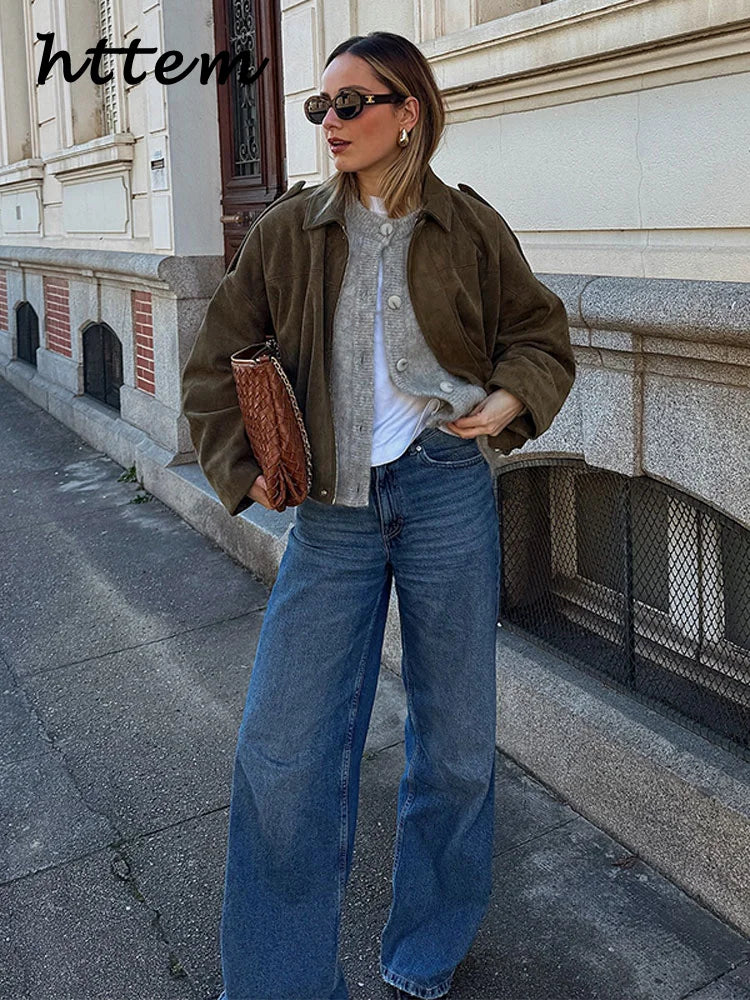 Street Women's Suede Bomber Jacket Fashion Lapel Zipper Full Sleeve Female Coats 2025 Spring Lady Casual Commute Vintage Outwear