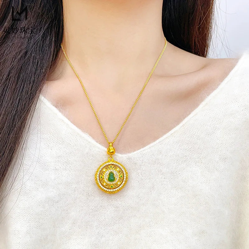 Women's 24K Gold Rotatable Hollow Pendant, AU999 | Distressed hollow-texture, rustic elegance for everyday grace.