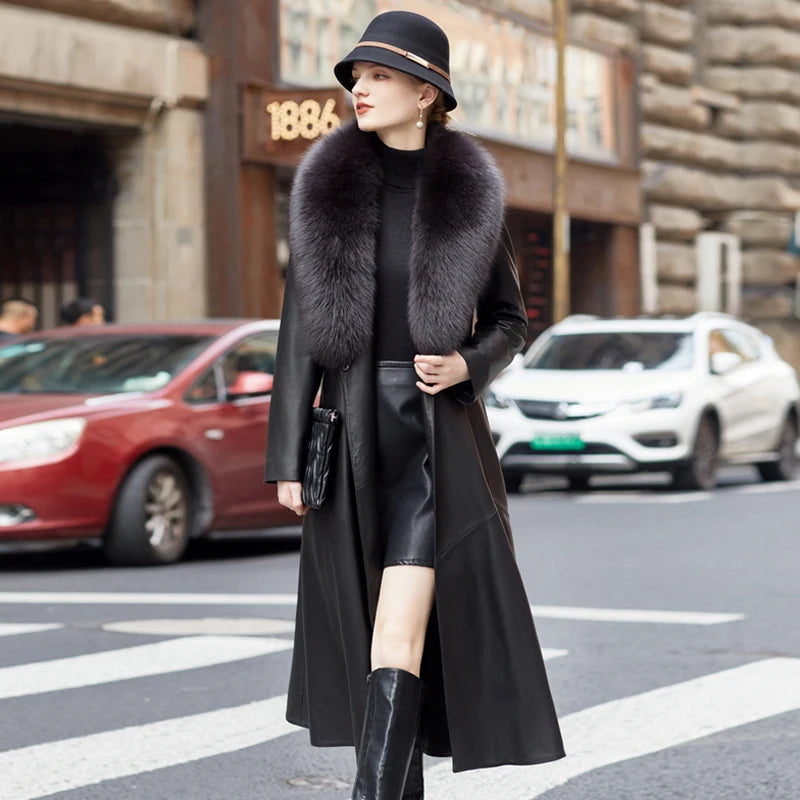 YOLANFAIRY Genuine Leather Down Jacket for Women Elegant Long Coat Women's Winter Jacket Slim Fox Fur Collar Sheepskin Clothes
