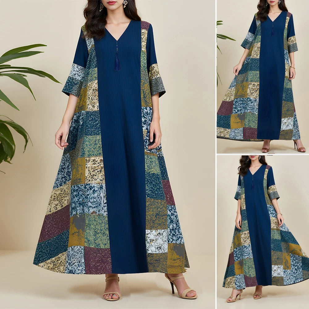 Rafiah Summer Long Arabian Dress 2025 Chic Daily Patchwork Short Sleeve V-Neck Midi Loose Fit A-Line Shift Dresses
