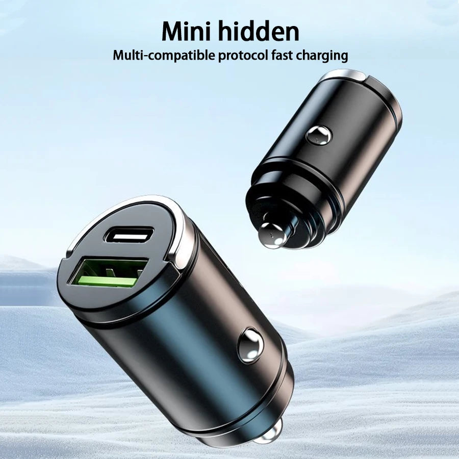 شاحن سيارة صغير مخفي مزود بحلقة سحب USB+TYPE C شاحن سريع مناسب لمجموعة متنوعة من أجهزة الهواتف المحمولة
