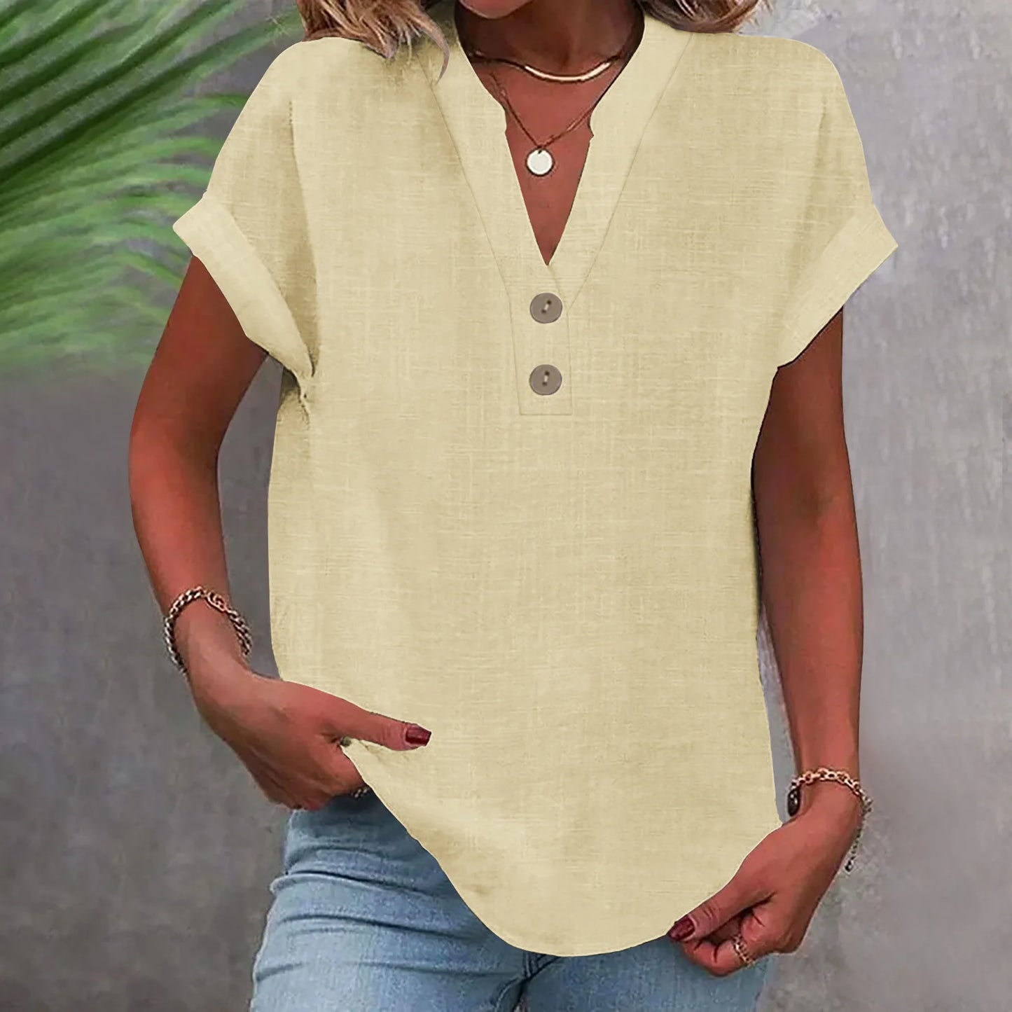 Cotton Linen Short Sleeved Breathable Shirt Summer Solid Color Fashion Stand Up Collar Button Down Women's Casual Office Shirt