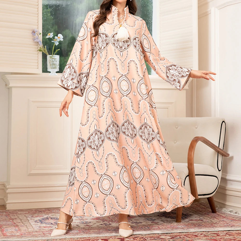 Rafiah Summer Arabian Dress 2025 Classic Traditional Full Print Long Sleeve Half Open Collar Midi A-Line Long Dress For Women