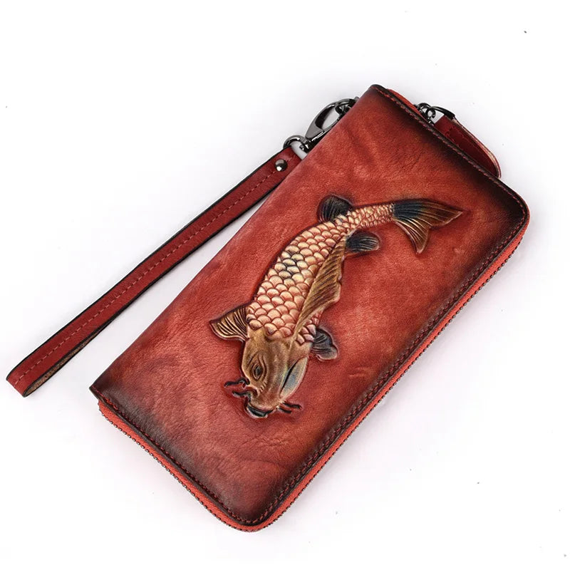 Motaora Women's Wallet Retro Genuine Leather Wallet For Female New Wristband Zipper Cell Phone Bag Golden Fish Engraved Clutches