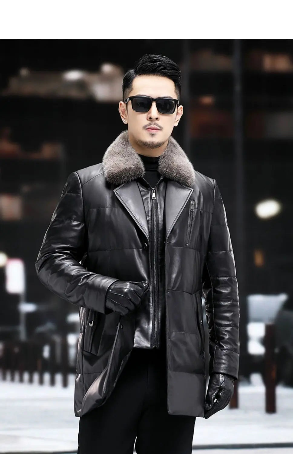 Men's Leather Jacket, Mid-Length, Lapel, Single Breasted Down Jacket, Mink Collar, Sheepkin, Thick Coat, Autumn and Winter